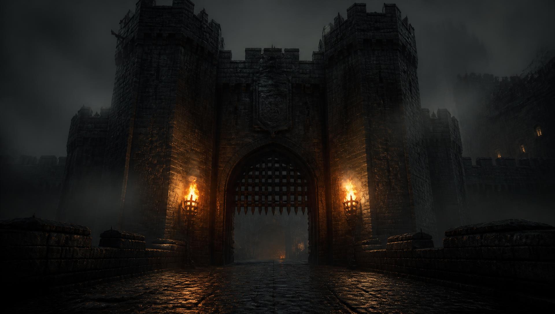 The gatehouse of the castle at night, torches burning beside a lowered portcullis